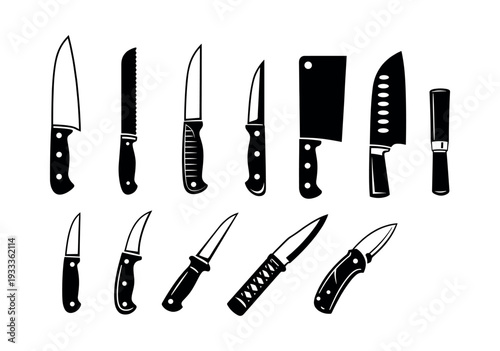 Collection of various knives in silhouette style including kitchen knives, chef tools, cleavers, and utility blades for cooking