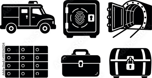 Flat icon set security vault and transport collection showing armored van safe tunnel lockers briefcase treasure chest minimal black silhouette