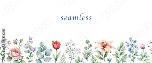 Seamless watercolor floral vector border pattern isolated on white background. Manually optimized flowers and leaves for wedding stationery, packaging, fabric, wallpaper, branding or decorative design