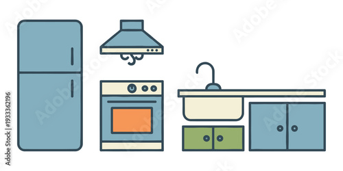 Kitchen interior elements including a fridge, oven, range hood, sink, and cupboards. Flat design illustrations for home and cooking concepts