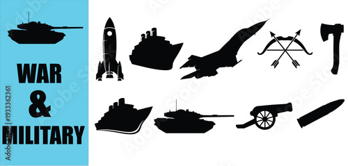 War and military weapon silhouette icons featuring tanks rockets warships and artillery