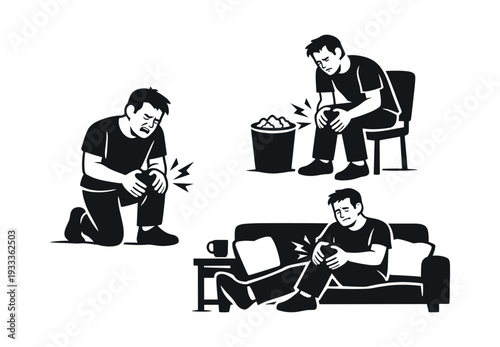 Man suffering from knee pain, holding his hurting leg while kneeling, sitting in a chair, and relaxing on a couch