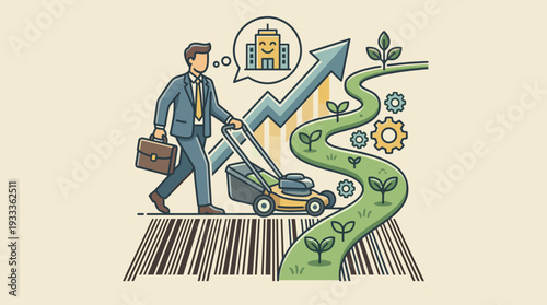 Businessman mowing a barcode into a green path with sprouts, symbolizing rebranding, rebuilding marketing strategy, business growth, innovation, and creating a new sustainable corporate identity.