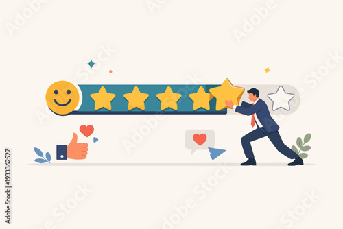 Businessman pushing a gold star to complete a five-star rating bar with a smiley face, representing customer satisfaction, positive feedback, online reviews, and business reputation management.