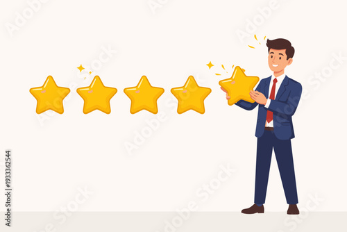 Businessman in blue suit holding a golden star to complete a five-star rating for customer review and user feedback concept. Vector illustration of professional man giving high score for service.