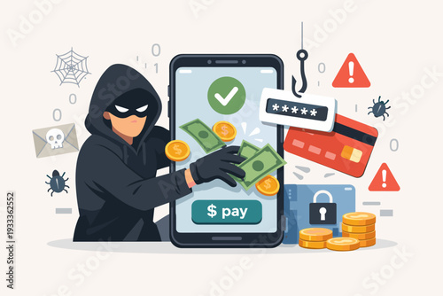 Cyber Crime and Online Fraud Concept with Hacker Stealing Money and Data from Smartphone, Phishing Attack on Credit Card and Digital Payment Security, Identity Theft and Internet Scam Illustration
