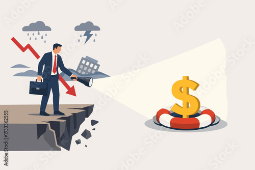 Businessman in Suit Standing on Edge of Crumbling Cliff During Financial Crisis Using Flashlight to Find Rescue Lifebuoy with Golden Dollar Sign Symbolizing Economic Bailout and Support Concept