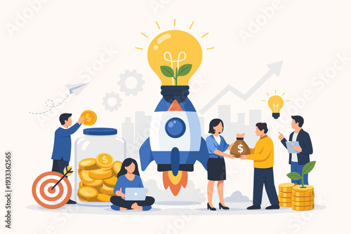 Startup Fundraising and Venture Capital Concept with People Investing Money into a New Innovative Project, Rocket Launching with Lightbulb Idea, Crowdfunding, Financial Growth and Success.