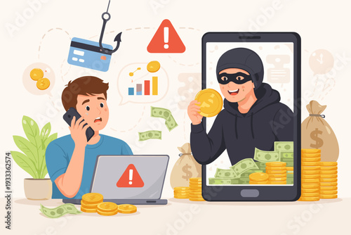 Financial fraud and cybercrime concept with hacker stealing money from victim through telephone scam and phishing. Worried man on phone with laptop, credit card on hook, and thief in smartphone