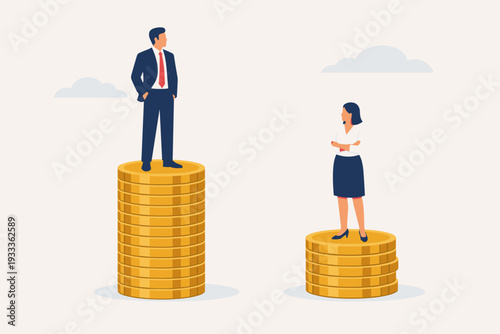 Gender Pay Gap Concept with Business Man and Woman Standing on Different Heights of Gold Coin Stacks, Representing Income Inequality, Financial Disparity, and Social Injustice in the Workplace.