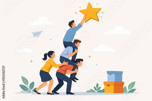 Teamwork and Cooperation Concept with Employees Supporting Colleague to Catch a Golden Star for Best Quality Work, Business Success, Achievement, Partnership, and Collective Goal Reaching Illustration