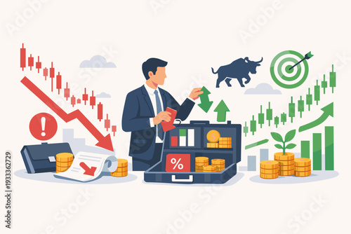 Businessman adjusting investment portfolio during stock market volatility. Illustration of financial strategy, bull and bear market trends, risk management, and profit growth with charts and coins.