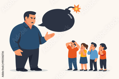 Aggressive Large Man Shouting with Bomb Shaped Speech Bubble at Scared Group of People, Concept of Verbal Abuse, Toxic Communication, Workplace Harassment, Explosive Temper and Intimidation