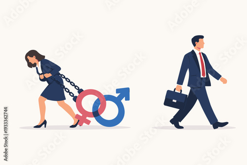Vector Illustration of a Businesswoman Struggling to Drag Heavy Gender Symbols Chained to Her While a Businessman Walks Freely, Representing Gender Inequality and Workplace Discrimination.
