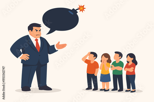 Vector illustration of an angry boss shouting at intimidated employees with a bomb-shaped speech bubble, symbolizing toxic leadership, verbal abuse, workplace conflict, and extreme pressure.