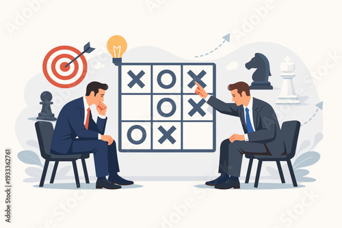Business Strategy and Competition Concept Vector Illustration with Two Businessmen Playing Tic-Tac-Toe, Thinking about Decisions, Goals, and Ideas with Chess Pieces, Lightbulb, and Target.