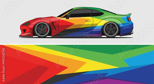 Colorful rainbow striped sports car with geometric background and Pride-inspired design.