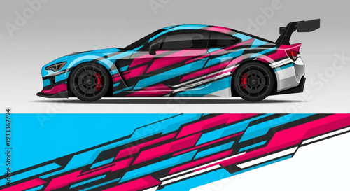 Colorful Wrapped Sports Car Side Profile with Graphic Design and Striking Graphics.
