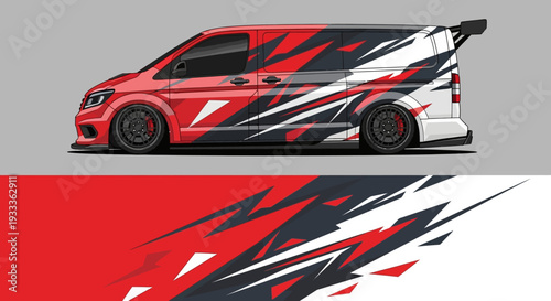 Vibrant red and white racing van with bold graphic wrap and dynamic angular stripes.
