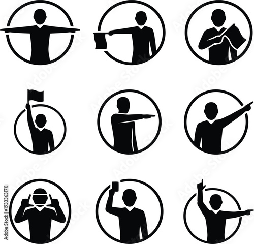 Collection of nine circular black soccer referee icons demonstrating various official hand signals and penalty cards seamlessly isolated on a transparent background
