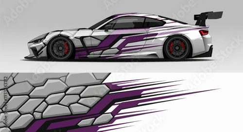 Futuristic purple and white sports coupe with aerodynamic lines and rear spoiler, side profile view.