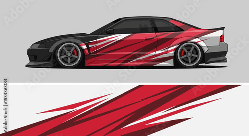 Stylized red sports car graphic with dynamic stripe decals and sleek side profile.