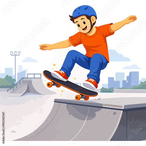 Young caucasian male skater performing trick at skatepark ramp.