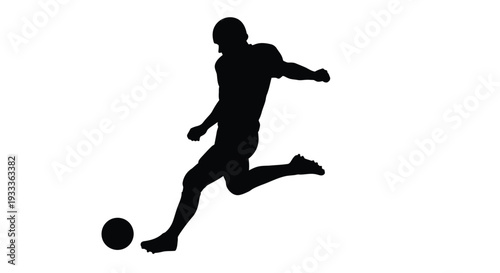 Silhouette of a soccer player kicking a ball against a white background