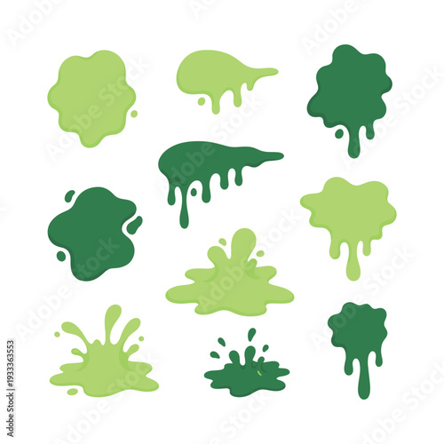 Green slime dripping and splashing sticky liquid. Goo blobs and toxic ooze puddles creating a fun cartoon collection