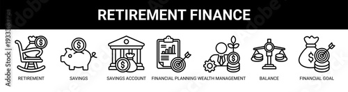 Retirement Finance web banner icon vector illustration concept with icons of retirement, savings, savings account, financial planning, wealth management, balance, and financial goal.