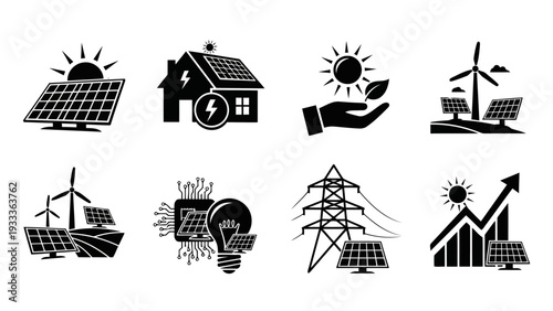 Flat Black Renewable Energy Icons Solar Panels Wind Power Sustainable Technology EPS10 Stock.eps