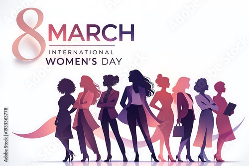 8 March International Women’s Day Celebration Featuring Confident Modern Women Silhouettes with Stylish Number Eight Design, Empowerment and Leadership Concept for Corporate Campaigns