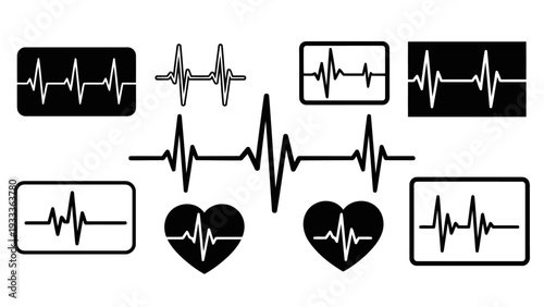 Minimalist Black and White EKG Heartbeat Icons Set Medical Vector Symbols EPS10 Stock.eps