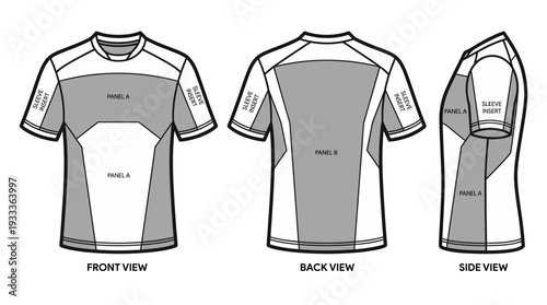 Professional technical flat sketch template of a short sleeve sports jersey showing detailed front, back, and side views with designated panels for custom apparel design