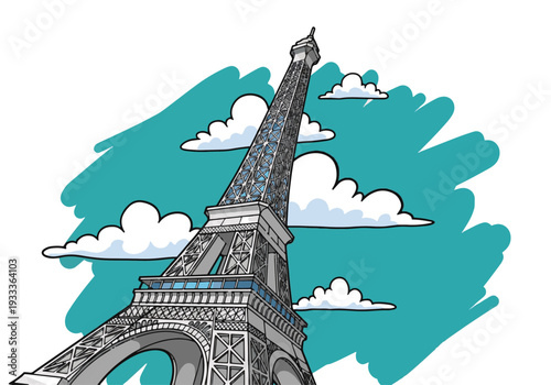 Stunning Eiffel Tower illustration with vibrant teal background and white clouds