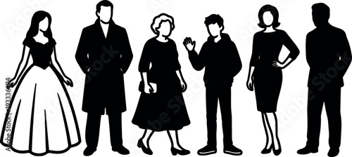 Vector silhouette group portrait showing six diverse figures including woman in ball gown and teen waving in studio lighting simple