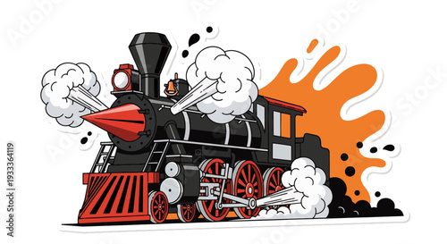 Vintage steam locomotive chugging along with smoke and steam