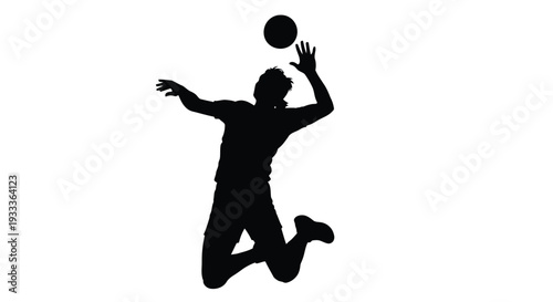 Silhouette of a volleyball player jumping to spike the ball against a white background