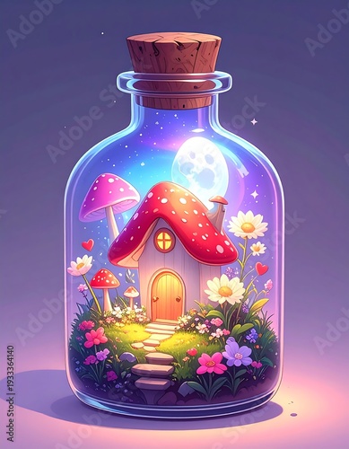 Whimsical miniature house inside a glass bottle, lit