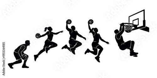Basketball players in action silhouettes performing jump shots and a powerful slam dunk, showing competitive sport and energy
