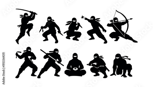 Ninjas training and performing stealth actions with traditional Japanese martial arts weapons. Silhouette characters on white background