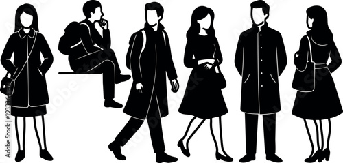 Minimalist silhouette vector people group showing standing walking and sitting commuters in coats low angle side view flat monochrome
