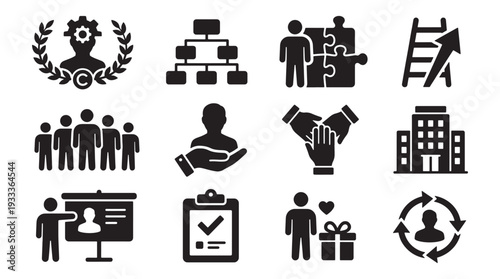Human resources and team management icon set for corporate workforce applications organizational development workflow and professional employee engagement user interface design resource collection