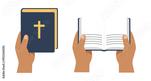 Hands holding a dark blue Bible with a yellow cross, also showing open Bible pages for reading holy scripture