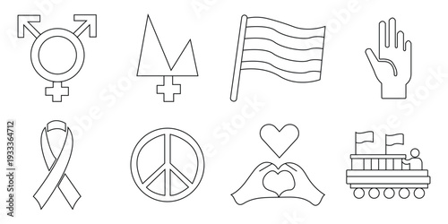 LGBTQ+ Pride Day Symbols and Icons Set - Minimalist Line Art Vector Collection for Gender Equality, Diversity and Human Rights.
