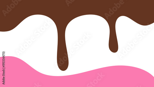 Sweet melting chocolate and pink strawberry icing glaze background. Melted syrup or dripping liquid sauce. Minimalist sweet chocolate and strawberry pink background. Minimalist wavy background.