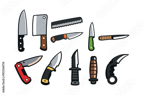 Knives collection displaying different sharp tools for slicing, chopping, and tactical purposes