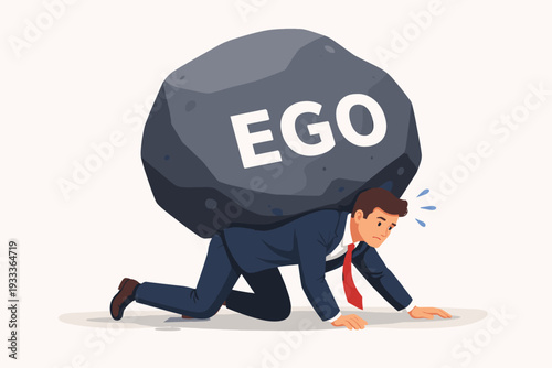 Businessman struggling and crawling on all fours under a massive stone labeled ego. Concept of pride, arrogance, and self-importance as a heavy burden that weighs down professional progress and