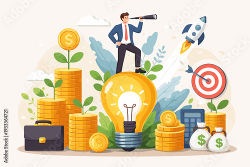 Creative business idea and innovation concept with businessman on lightbulb looking through telescope, rocket launch, money growth, gold coins, and target for financial success and vision.