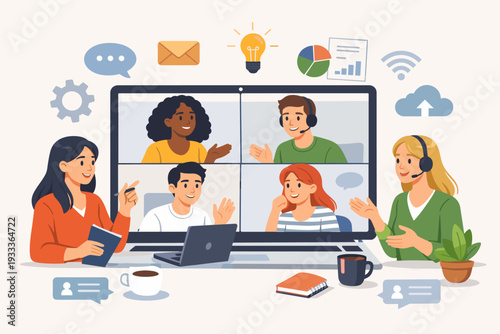 Business Communication via Internet Concept with Group of Young Diverse People Having a Video Conference Online on Laptop Screen, Remote Work, Virtual Meeting, Digital Collaboration and Teamwork